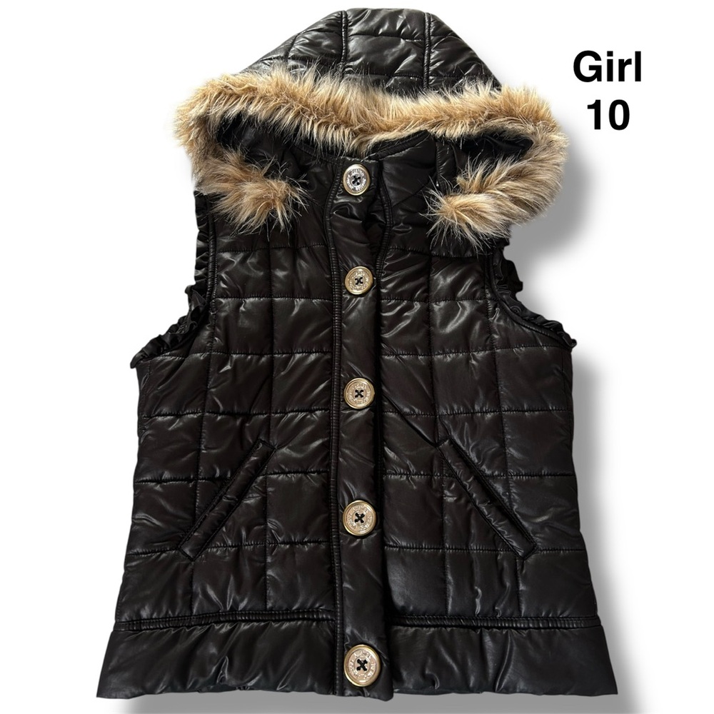 Justice Black Quilted Puffer Vest with Faux Fur Hood Trim size 10